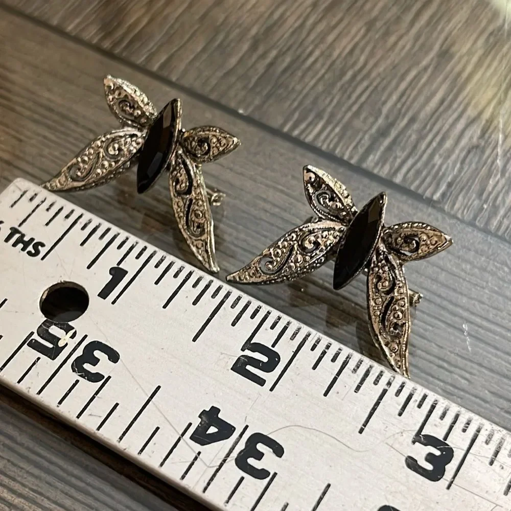 2 Vintage Sliver-tone Butterfly with Jet Black Rhinestone with Bracelet